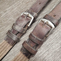 Cotton Web Draw Reins, leather buckle loop ends, snaps *gc, faded, rubs, dirty, stiff, dry, mnr snag, older
