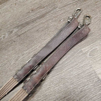 Cotton Web Draw Reins, leather buckle loop ends, snaps *gc, faded, rubs, dirty, stiff, dry, mnr snag, older
