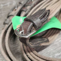 Cotton Web Draw Reins, leather buckle loop ends, snaps *gc, faded, rubs, dirty, stiff, dry, mnr snag, older
