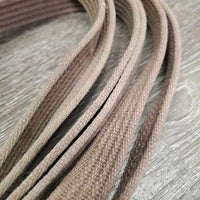 Cotton Web Draw Reins, leather buckle loop ends, snaps *gc, faded, rubs, dirty, stiff, dry, mnr snag, older
