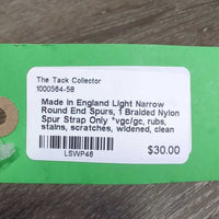 Light Narrow Round End Spurs, 1 Braided Nylon Spur Strap Only *vgc/gc, rubs, stains, scratches, widened, clean
