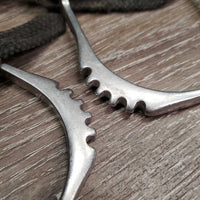 Pr English Bumper Spurs, Hvy Thick Braided Nylon Spur Straps *gc, older, clean, faded, hairy, scratches
