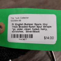 Pr English Bumper Spurs, Hvy Thick Braided Nylon Spur Straps *gc, older, clean, faded, hairy, scratches
