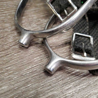 Nubby POW Spurs, Braided Nylon Spur Straps *gc, clean & dirty, residue, scrapes, widened, scratches
