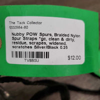 Nubby POW Spurs, Braided Nylon Spur Straps *gc, clean & dirty, residue, scrapes, widened, scratches
