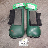 Pr Open Front Boots, velcro *fair, rubs, mnr hair, dirty, older, stains, torn edges, stretched elastic
