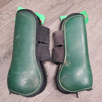 Pr Open Front Boots, velcro *fair, rubs, mnr hair, dirty, older, stains, torn edges, stretched elastic
