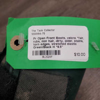Pr Open Front Boots, velcro *fair, rubs, mnr hair, dirty, older, stains, torn edges, stretched elastic
