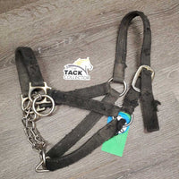 Thick Nylon Halter, attached Chin Chain *fair, v.dirty, xholes, frays, v.rubbed, snags, stains, faded
