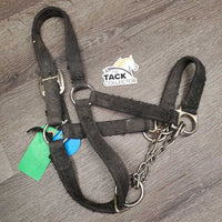 Thick Nylon Halter, attached Chin Chain *fair, v.dirty, xholes, frays, v.rubbed, snags, stains, faded

