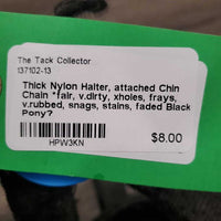 Thick Nylon Halter, attached Chin Chain *fair, v.dirty, xholes, frays, v.rubbed, snags, stains, faded
