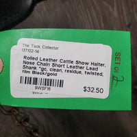 Rolled Leather Cattle Show Halter, Nose Chain Short Leather Lead Shank *gc, clean, residue, twisted, film
