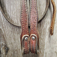 Soft Double Stitch Headstall, Conchos *vgc, stains, rubs, mnr dirt, creases, xholes