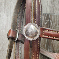 Soft Double Stitch Headstall, Conchos *vgc, stains, rubs, mnr dirt, creases, xholes
