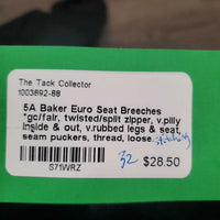 Euro Seat Breeches *gc/fair, twisted/split zipper, v.pilly inside & out, v.rubbed legs & seat, seam puckers, thread, loose stitching
