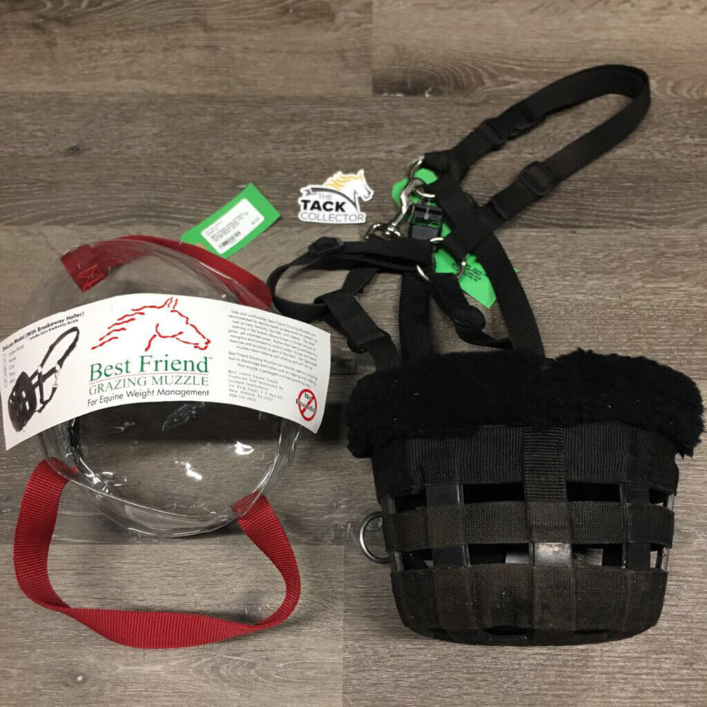 Nylon Web & Fleece Wrapped Noseband Grazing Muzzle - Halter, halter, extra strap, bag *vgc/gc, mnr dirt, discolored, stained & stiff/residue