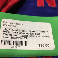 Med Stable Blanket, 2 attach legs, "1979 Competitive Trail Champion" *xc/like new, mnr stains, older
