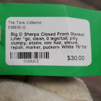 Sherpa Closed Front Blanket Liner *gc, clean, 0 legs/tail, pilly, clumpy, stains, mnr hair, shrunk, repair, marker, puckers
