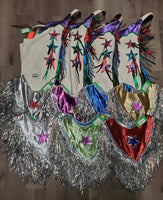 7x Show Rider Group Ponchos & 4x leather Chinks, Wide Cuffs,Tinsel Fringe, sequins *vgc, dirty bottoms
