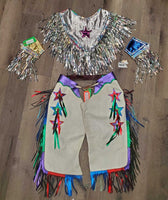 7x Show Rider Group Ponchos & 4x leather Chinks, Wide Cuffs,Tinsel Fringe, sequins *vgc, dirty bottoms
