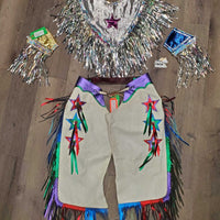 7x Show Rider Group Ponchos & 4x leather Chinks, Wide Cuffs,Tinsel Fringe, sequins *vgc, dirty bottoms