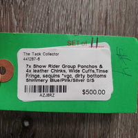 7x Show Rider Group Ponchos & 4x leather Chinks, Wide Cuffs,Tinsel Fringe, sequins *vgc, dirty bottoms
