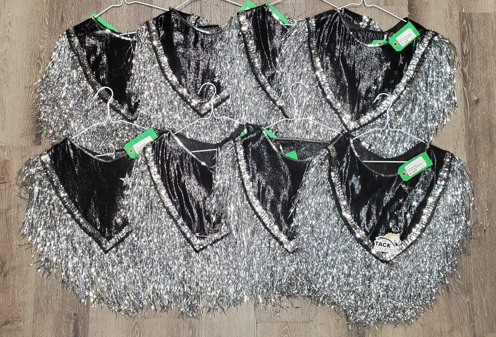 8x Show Rider Group Ponchos,Tinsel Fringe, sequins, 8x Wide Cuffs *gc, rip, loose velcro & tinsel, rubs, smokey