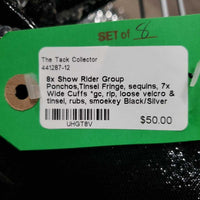 8x Show Rider Group Ponchos,Tinsel Fringe, sequins, 8x Wide Cuffs *gc, rip, loose velcro & tinsel, rubs, smokey
