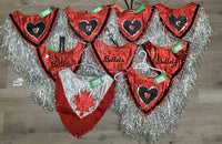 9x "Bullets" Show Rider Group Ponchos, Wide Cuffs,Tinsel Fringe, sequins *gc, rubs, faded, stains, smokey, discolored, older
