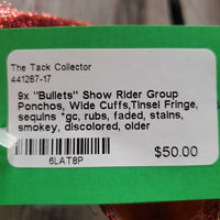 9x "Bullets" Show Rider Group Ponchos, Wide Cuffs,Tinsel Fringe, sequins *gc, rubs, faded, stains, smokey, discolored, older
