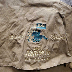 Full Length Oil Skin Coat "Bullets Drill Team" *gc, older, dirt, stains, torn lining, v.stiff, puckered & discolored collar