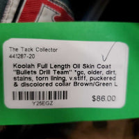 Full Length Oil Skin Coat "Bullets Drill Team" *gc, older, dirt, stains, torn lining, v.stiff, puckered & discolored collar
