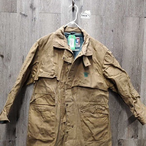 Full Length Oil Skin Coat "Bullets Drill Team" *gc, older, dirt, stains, residue, pulled sleeve lining, v.stiff, puckered & discolored collar