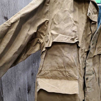 Full Length Oil Skin Coat "Bullets Drill Team" *gc, older, dirt, stains, residue, pulled sleeve lining, v.stiff, puckered & discolored collar
