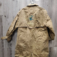 Full Length Oil Skin Coat "Bullets Drill Team" *gc, older, dirt, stains, residue, pulled sleeve lining, v.stiff, puckered & discolored collar
