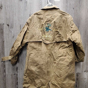 Full Length Oil Skin Coat "Bullets Drill Team" *gc, older, dirt, stains, residue, pulled sleeve lining, v.stiff, puckered & discolored collar