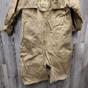 Full Length Oil Skin Coat "Bullets Drill Team" *gc, older, dirt, stains, residue, pulled sleeve lining, v.stiff, puckered & discolored collar