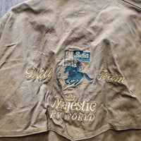 Full Length Oil Skin Coat "Bullets Drill Team" *gc, older, dirt, stains, residue, pulled sleeve lining, v.stiff, puckered & discolored collar
