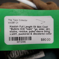 Full Length Oil Skin Coat "Bullets Drill Team" *gc, older, dirt, stains, residue, pulled sleeve lining, v.stiff, puckered & discolored collar