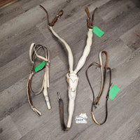 Patent Leather Headstall, Breastcollar, Tie Down Noseband *gc/fair, older, discolored, rubs, stains, stiff, xholes, taped, dirty
