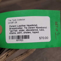 Patent Leather Headstall, Breastcollar, Tie Down Noseband *gc/fair, older, discolored, rubs, stains, stiff, xholes, taped, dirty
