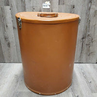 VINTAGE Metal Hat Can, 4 Wire Hat Brackets, leather handle *vgc, mnr dirty bottom, scratches