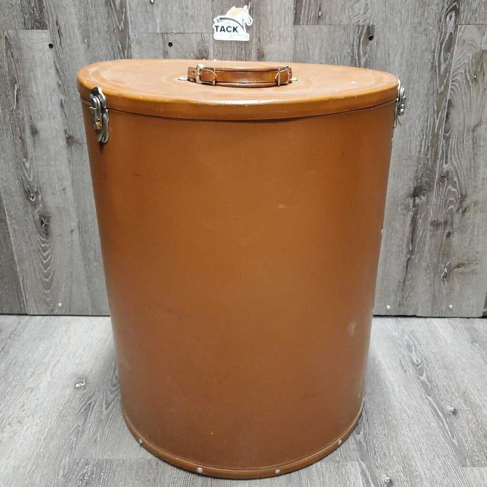 VINTAGE Metal Hat Can, 4 Wire Hat Brackets, leather handle *vgc, mnr dirty bottom, scratches