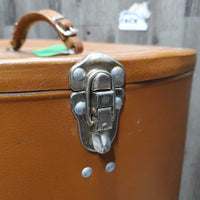 VINTAGE Metal Hat Can, 4 Wire Hat Brackets, leather handle *vgc, mnr dirty bottom, scratches
