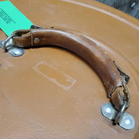 VINTAGE Metal Hat Can, 4 Wire Hat Brackets, leather handle *vgc, mnr dirty bottom, scratches
