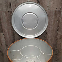 VINTAGE Metal Hat Can, 4 Wire Hat Brackets, leather handle *vgc, mnr dirty bottom, scratches
