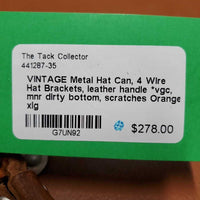 VINTAGE Metal Hat Can, 4 Wire Hat Brackets, leather handle *vgc, mnr dirty bottom, scratches
