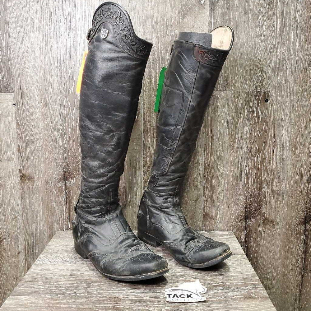 Dress Boots, Zips, Tooled Tops, Punched Toes *fair, v.repaired, rubs, film, scrapes, gouges, holes, missing logo, dirt, scrapes, uneven heels