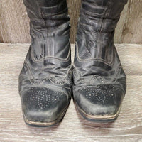 Dress Boots, Zips, Tooled Tops, Punched Toes *fair, v.repaired, rubs, film, scrapes, gouges, holes, missing logo, dirt, scrapes, uneven heels
