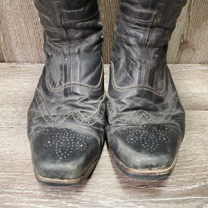 Dress Boots, Zips, Tooled Tops, Punched Toes *fair, v.repaired, rubs, film, scrapes, gouges, holes, missing logo, dirt, scrapes, uneven heels